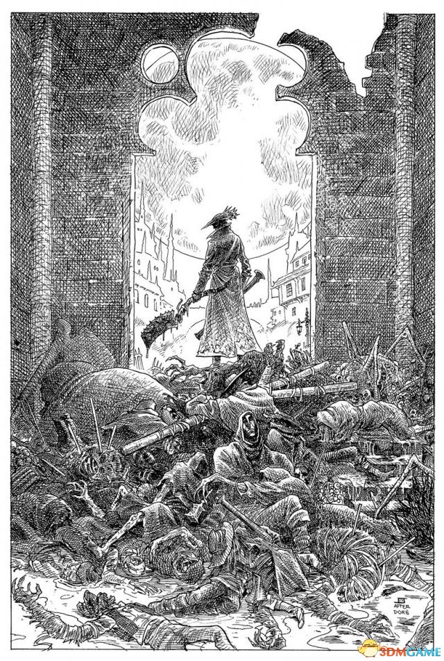 《血源》漫畫第一期封面 獵人手持鋸肉刀站屍骸之上