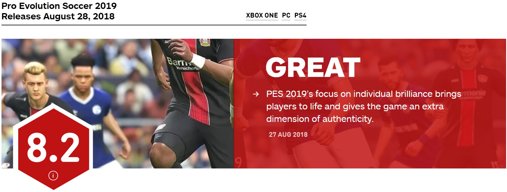 《實況足球2019》IGN 8.2分 系列以來最真實一作