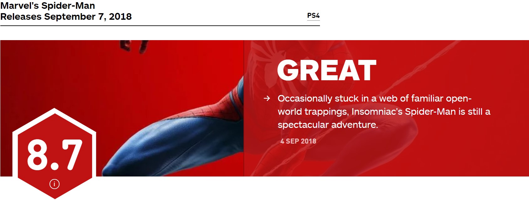 《蜘蛛人》IGN 8.7分 每一步都有蜘蛛人的感覺