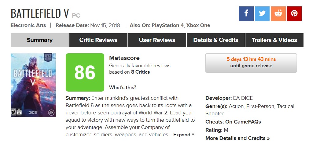 《戰地風雲5》首批評分公布 PC版平均分86分