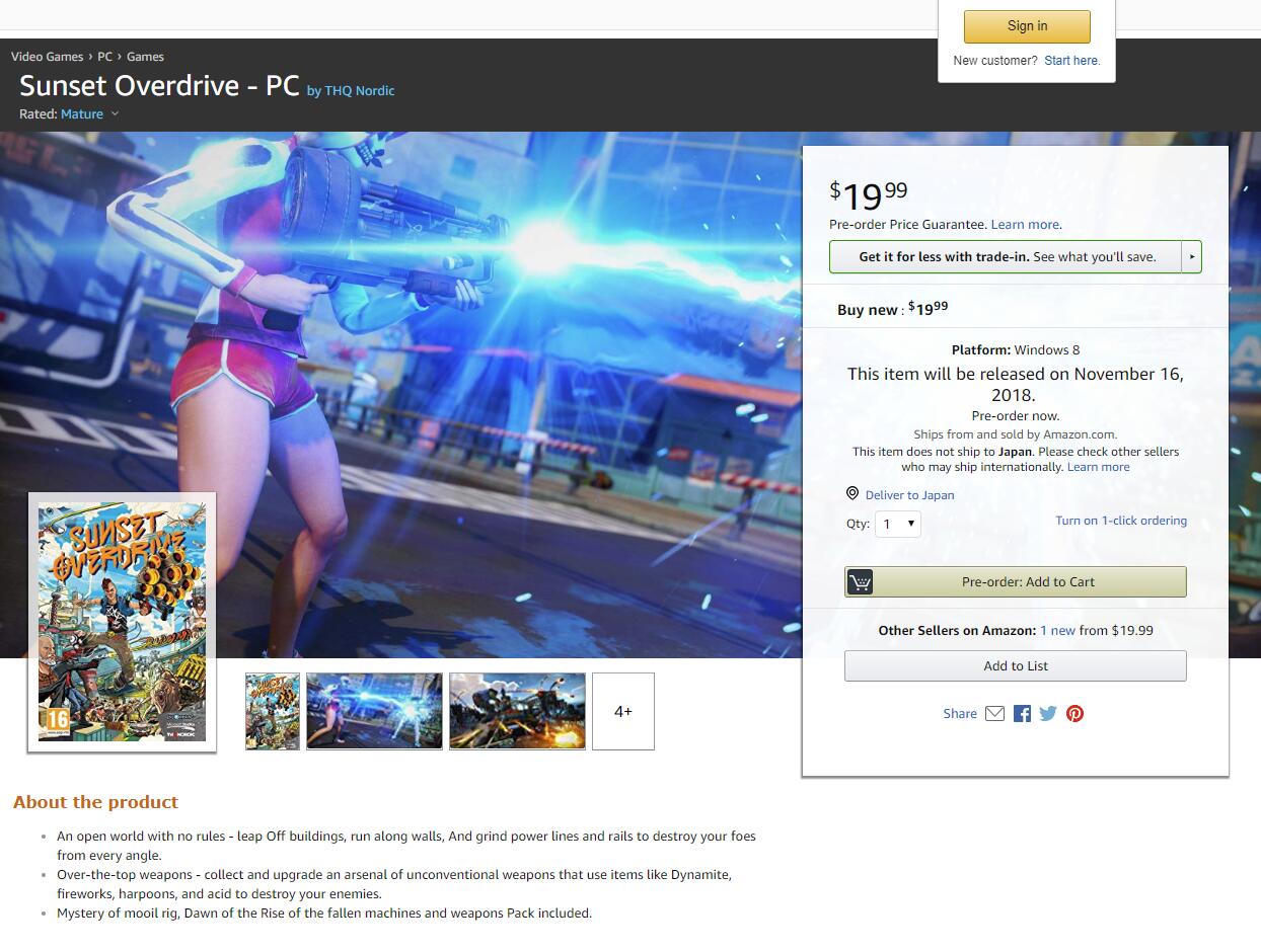 發行日期曝光 亞馬遜出現《落日飆神》PC版產品頁面