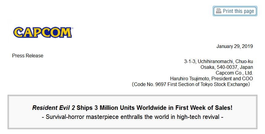 《惡靈古堡2：重製版》首周銷量出爐 全球賣了300萬套