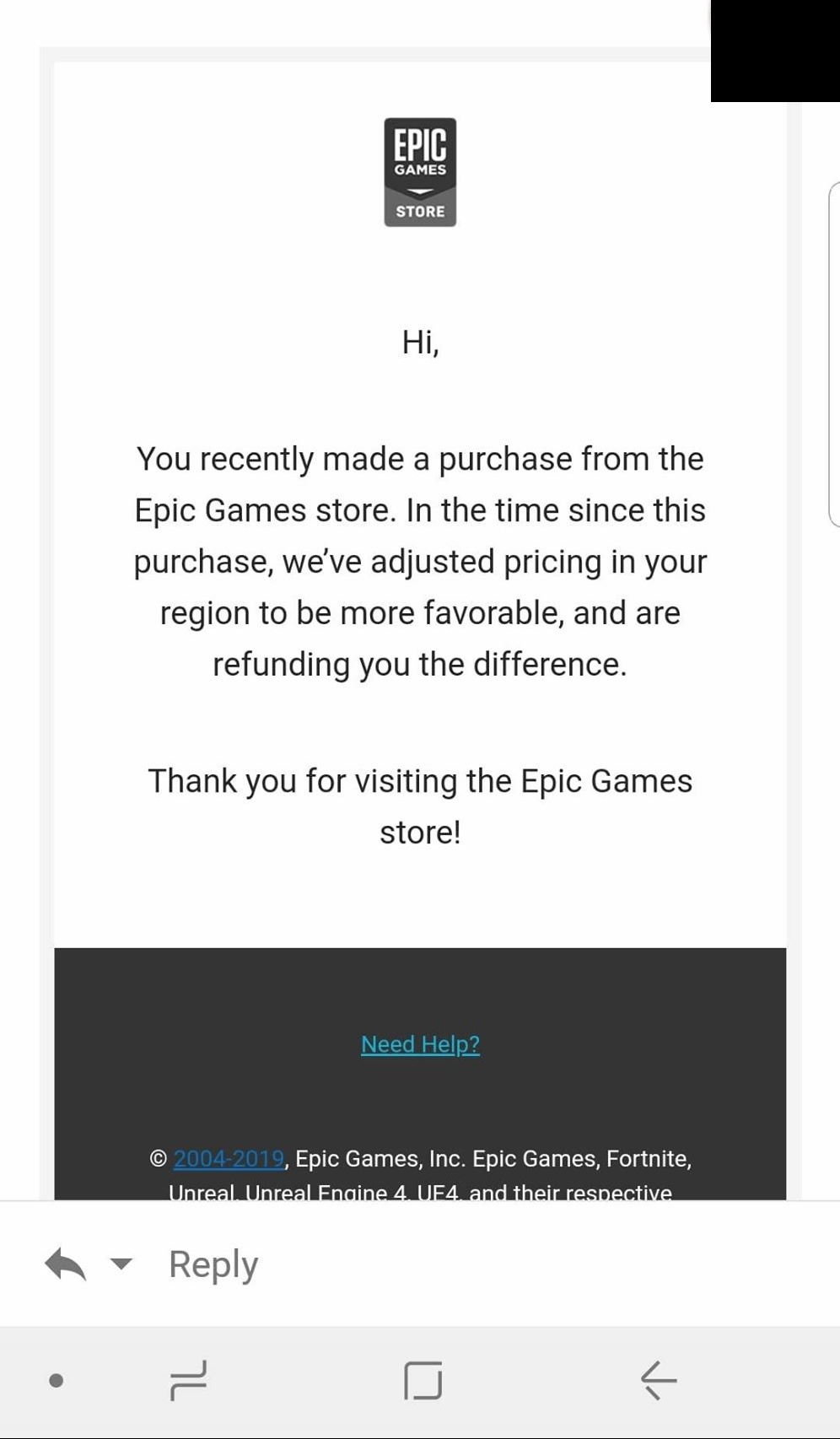 EPIC遊戲商城竟然主動為玩家退還遊戲降價前後差價