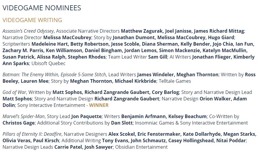 《戰神4》斬獲第71屆美國編劇協會最佳遊戲劇本創作獎 