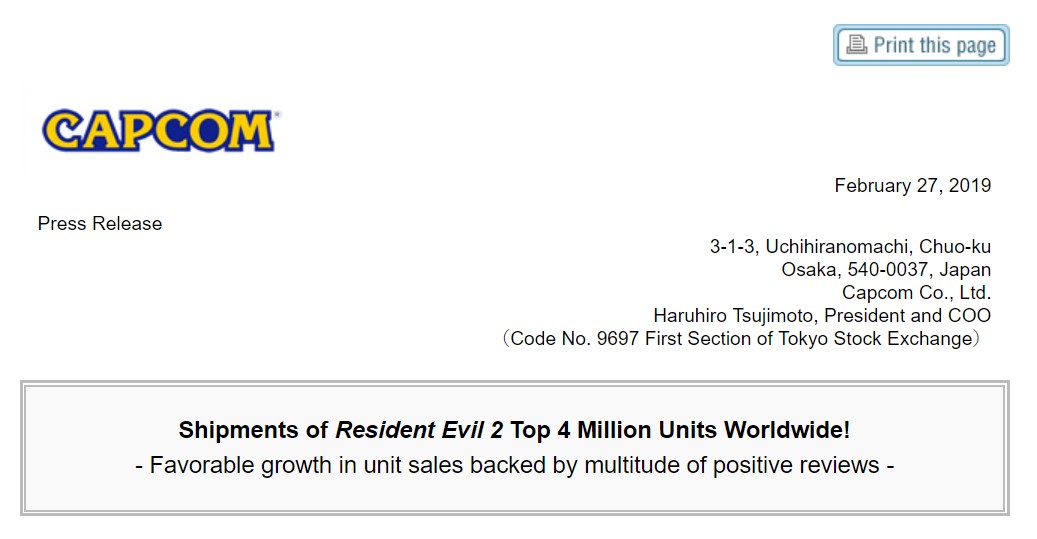 Capcom官方宣傳：《惡靈古堡2：重製版》出貨量400萬