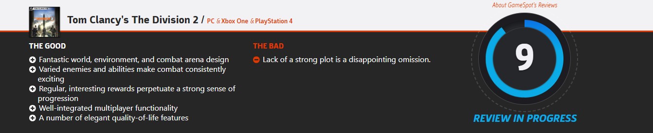 《全境封鎖2》GameSpot暫時9分 劇情失望但遊戲性很強