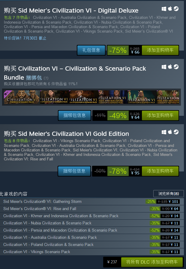 Steam特價促銷 回合製策略遊戲《文明6》僅售59元