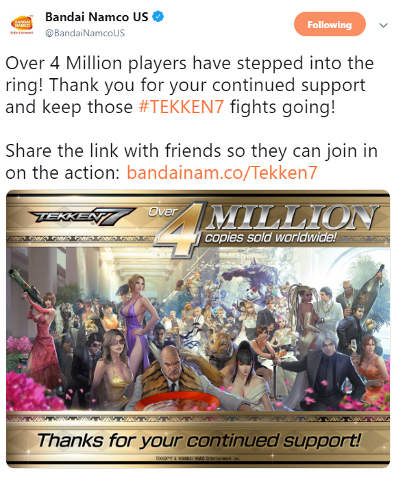 《鐵拳7》全球銷量突破400萬 官方發賀圖感謝玩家支持