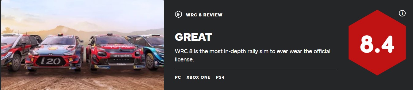 《世界汽車拉力錦標賽8》IGN 8.4分：最深入的拉力賽車遊戲