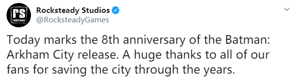 《蝙蝠俠：阿卡漢之城》發售8周年 感謝粉絲拯救這座城