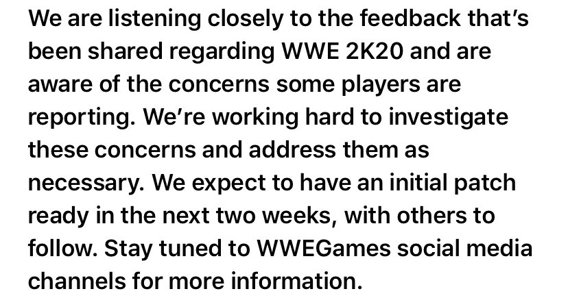 《WWE 2K20》開發商回應玩家不滿：幾周內會發布補丁