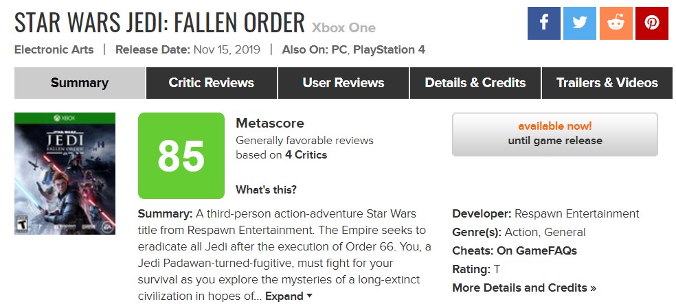 《星戰絕地》評分解禁：IGN 9分 GS 8分 M站85