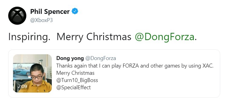 Xbox總監菲爾·斯賓塞 祝中國殘疾人玩家東勇聖誕快樂