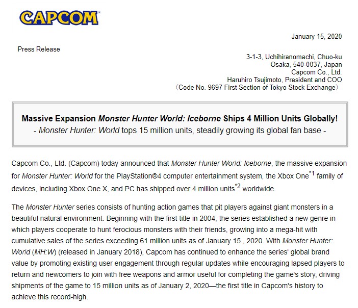 《魔物獵人：冰源》全球出貨量突破400萬 系列總銷量達6100萬