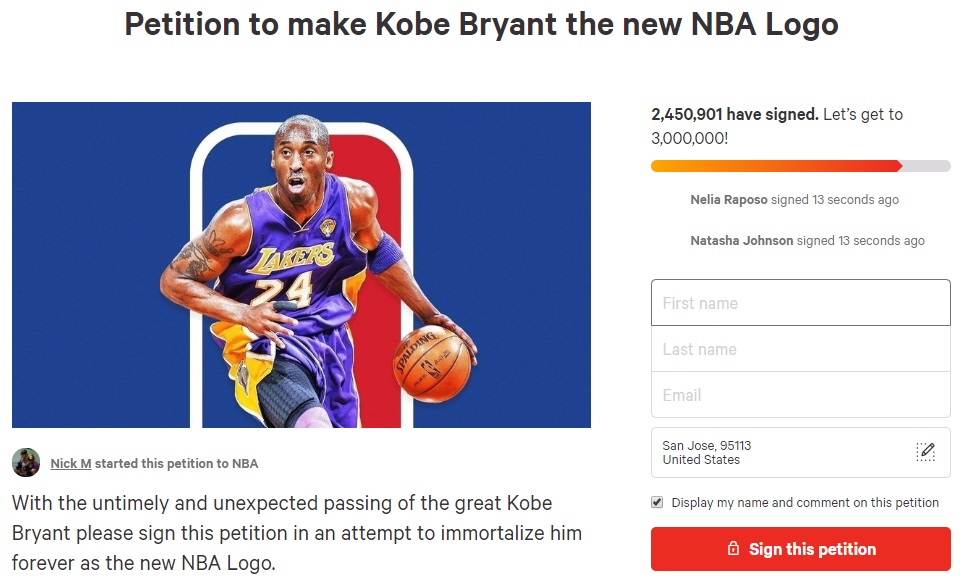 網友請願將NBA標誌換成科比 已有200多萬份簽名