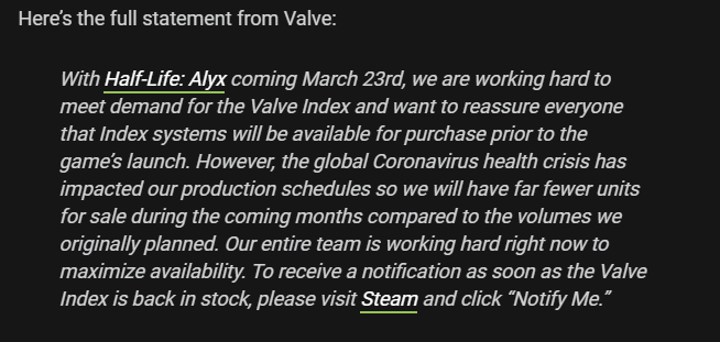 V社官方宣傳 《半條命Alyx》發售期間Index庫存將遠少於預期