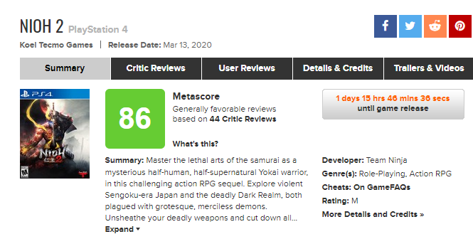 《仁王2》媒體評分解禁！IGN 9分 Game Informer 8.5分