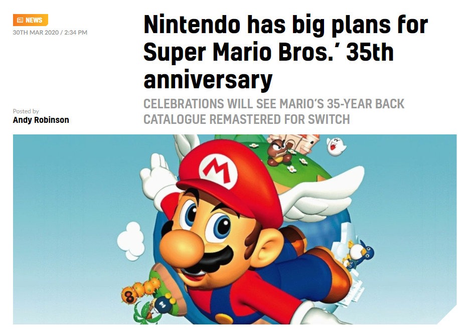 多款瑪利歐遊戲將登NS以慶祝該系列推出35周年