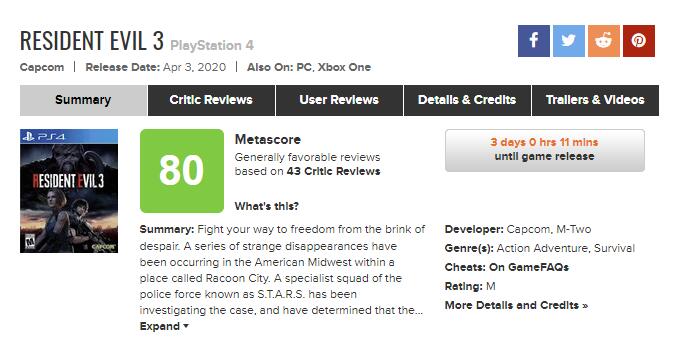 《惡靈古堡3：重製版》評分解禁 IGN9分MC均分80