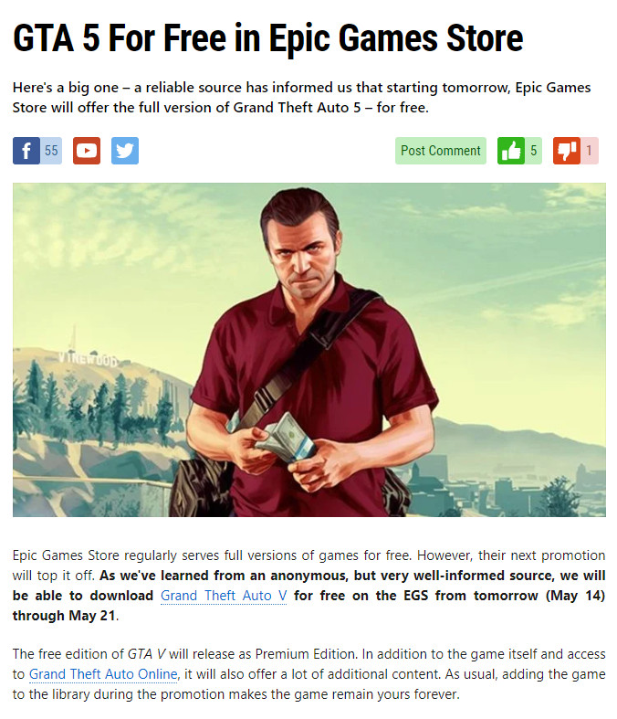 傳Epic本周免費遊戲將是《GTA5》