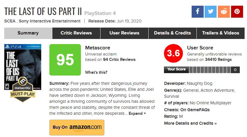 外媒：《最後的生還者2》證明MC用戶評分已無意義