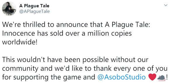 《瘟疫傳說：無罪》全球銷量破百萬 官方感謝玩家支持