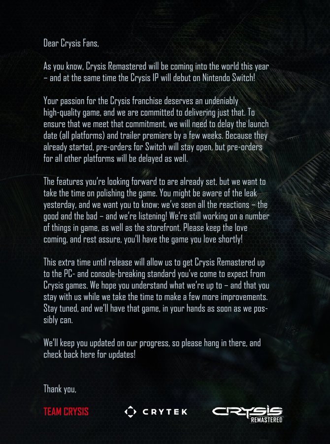 Crytek將推遲發行《末日之戰：複刻版》承諾改善畫面