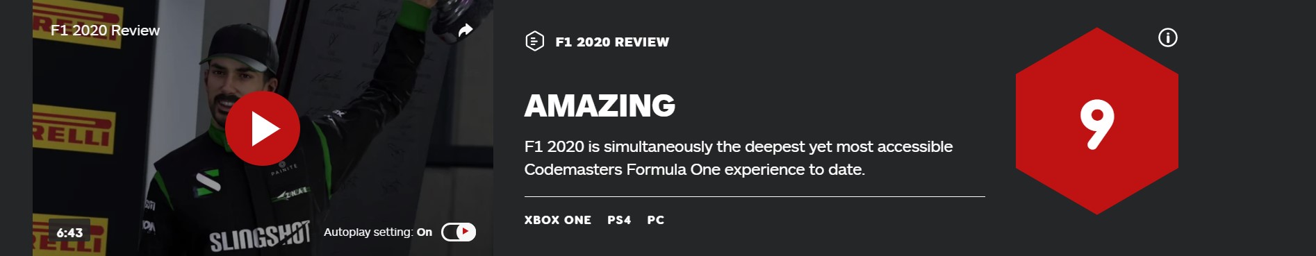《F1 2020》IGN 9分：史上最棒“F1”遊戲體驗