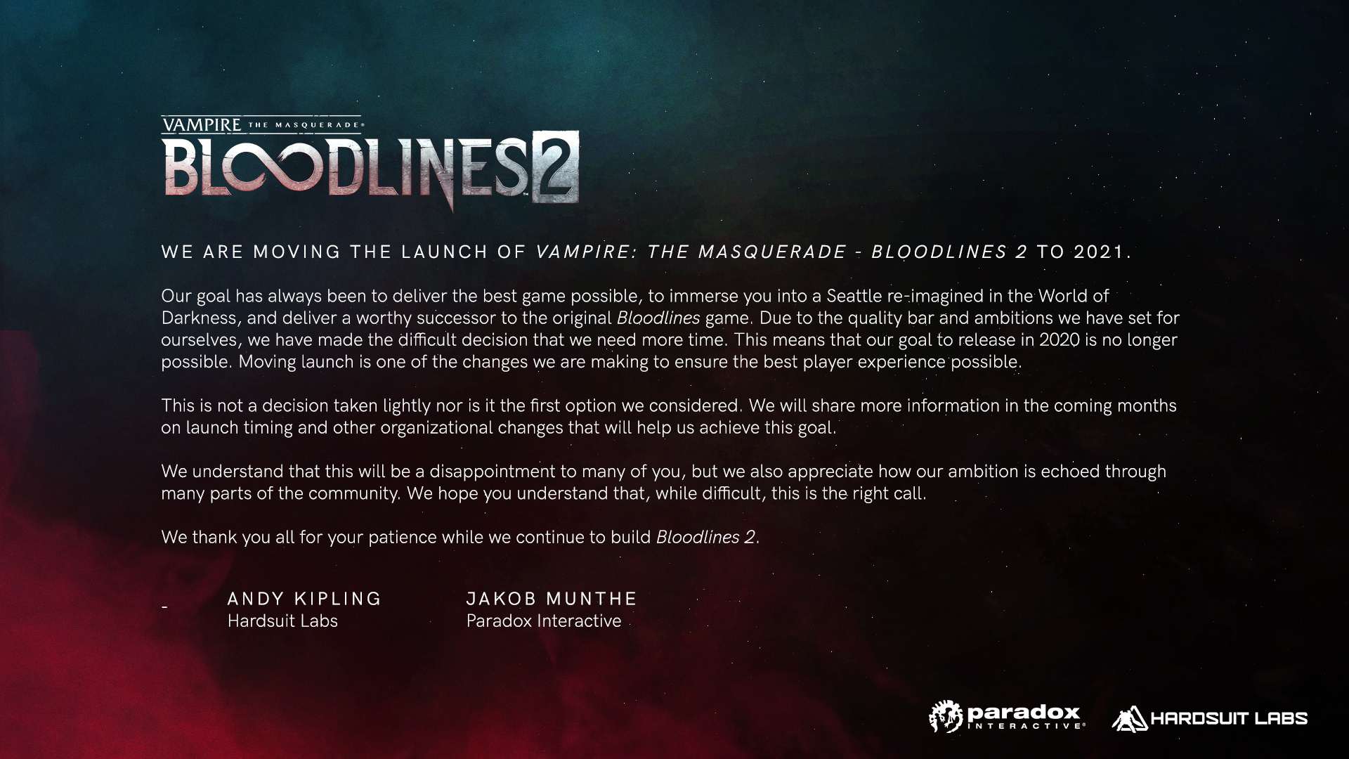 《吸血鬼：避世血族2》延期至2021年發售 打磨遊戲品質