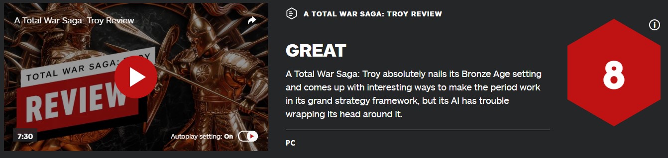 《全軍破敵傳奇：特洛伊》IGN 8分：背景宏大、AI糟糕