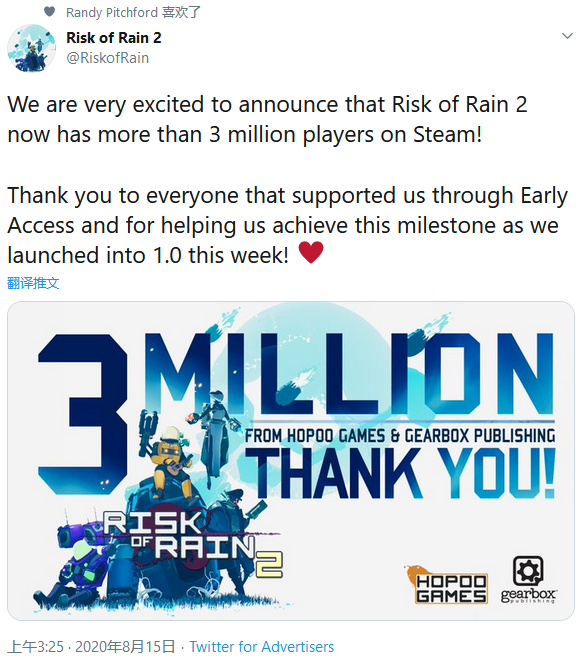 Steam《雨中冒險2》玩家數量突破300萬！官方公開賀圖