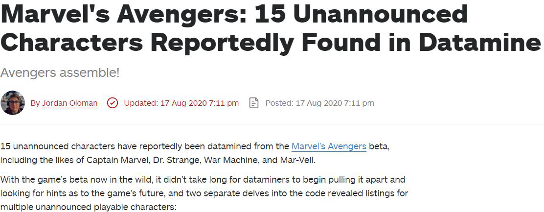 數據挖掘顯示《漫威復仇者聯盟》15個未公開角色