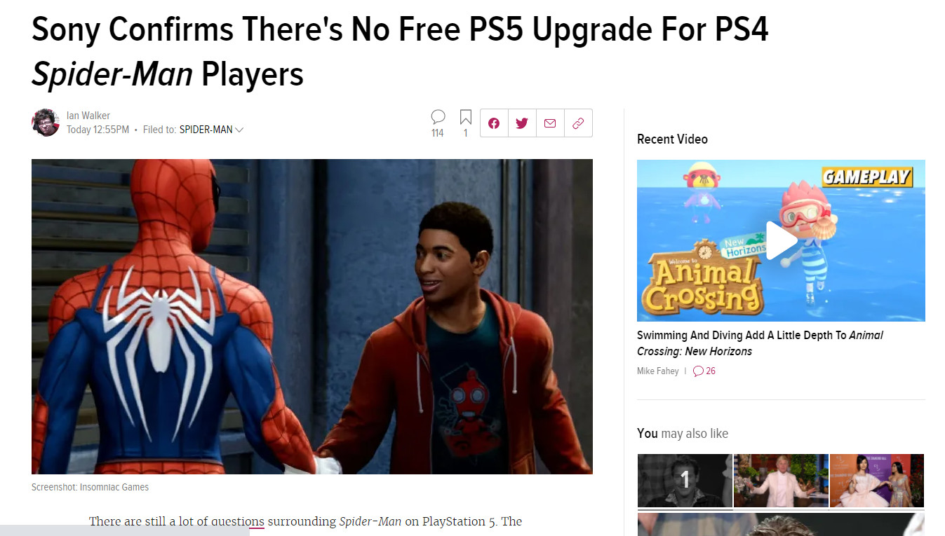 索尼確認：《漫威蜘蛛人》PS4玩家不能免費升級到PS5版