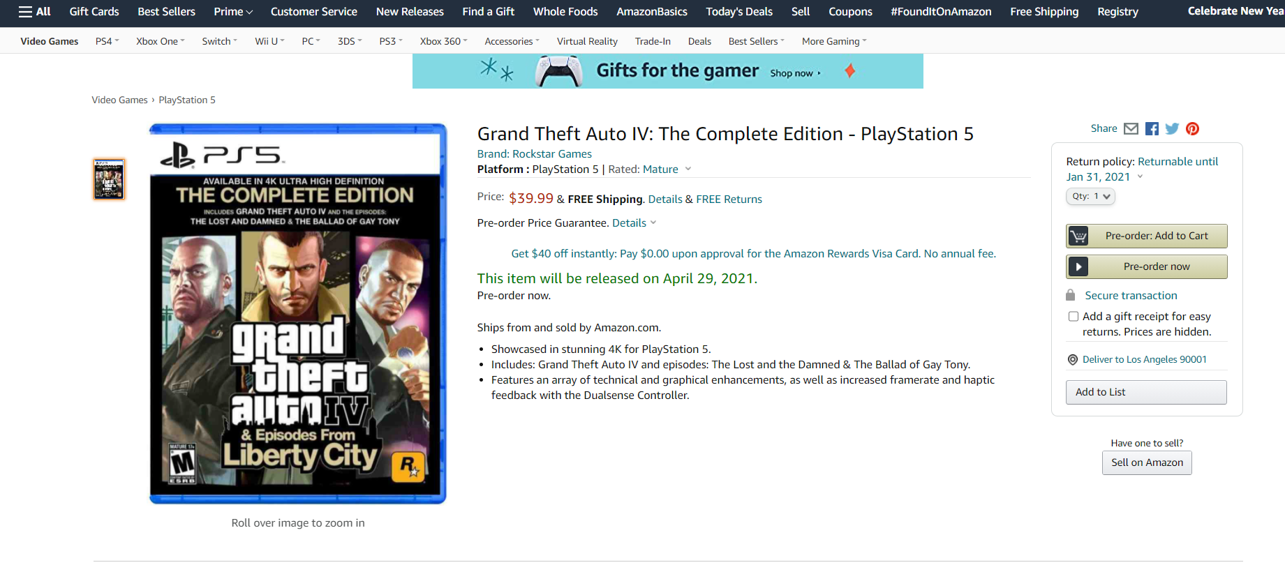 PS5版《GTA4》完整版短暫上架亞馬遜 售價260元