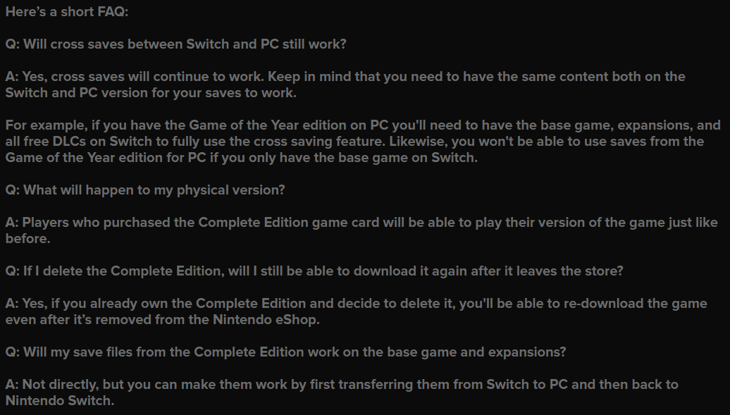 CDPR宣布下架NS《巫師3完全版》 本體和兩大DLC將單獨發售