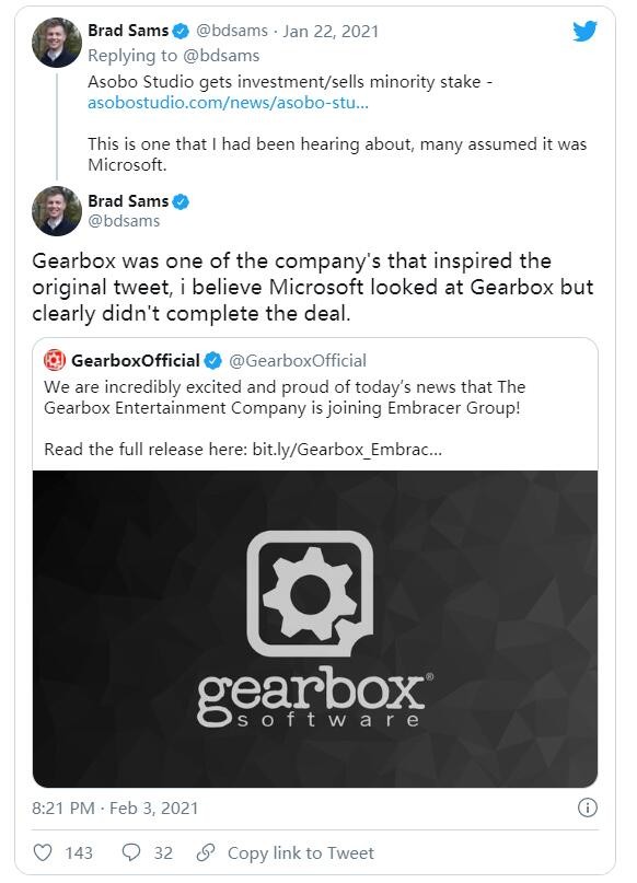 微軟本打算收購Gearbox工作室 但最終放棄了