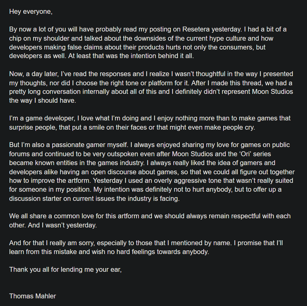 奧日總監為過激言論公開道歉 稱因對遊戲太熱愛