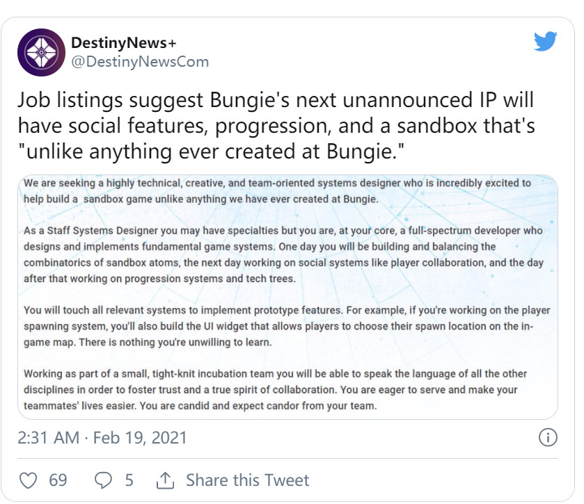 招聘廣告暗示Bungie新IP有社交和內容創作工具