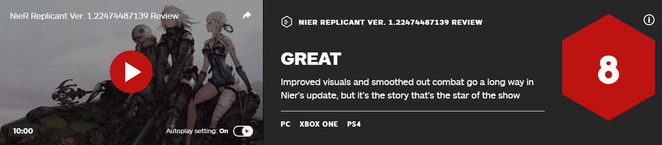 《尼爾：偽裝者》首批媒體評分解禁 IGN 8分