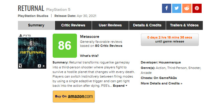 PS5獨佔遊戲《Returnal》首批評分解禁 IGN 8分