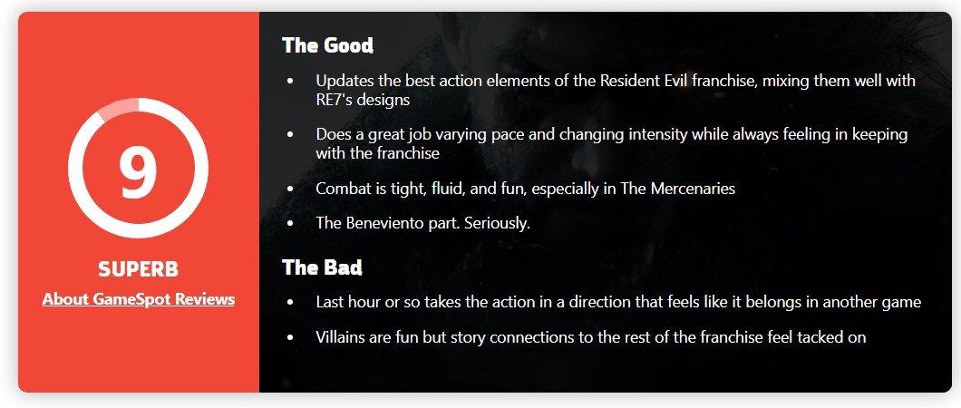 《惡靈古堡8》Gamespot 9分：繼承前作優點 但很特別