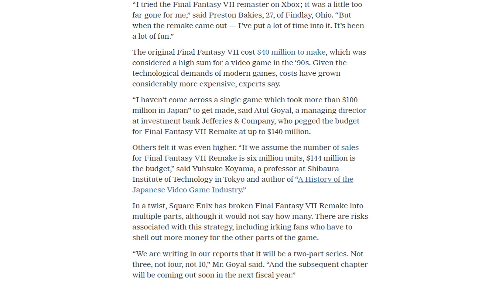 《太空戰士7：重製版》預算高達1.4億美元