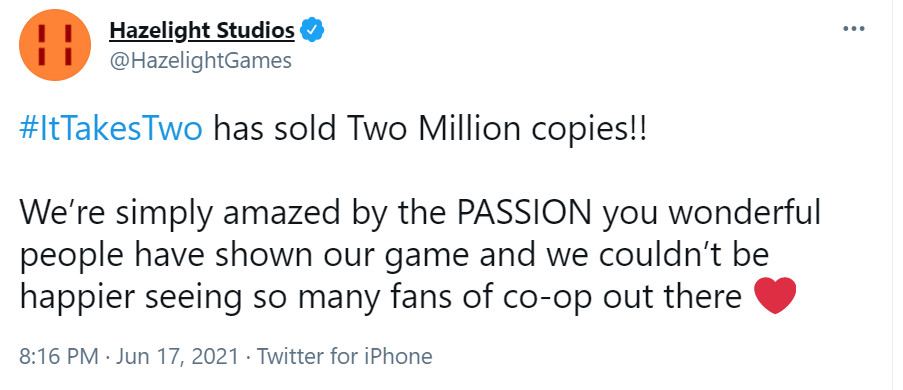 《雙人成行》全平台銷量超過了200萬套