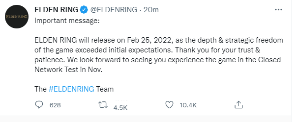 官方宣傳：《艾爾登法環》跳票至2022年2月25日