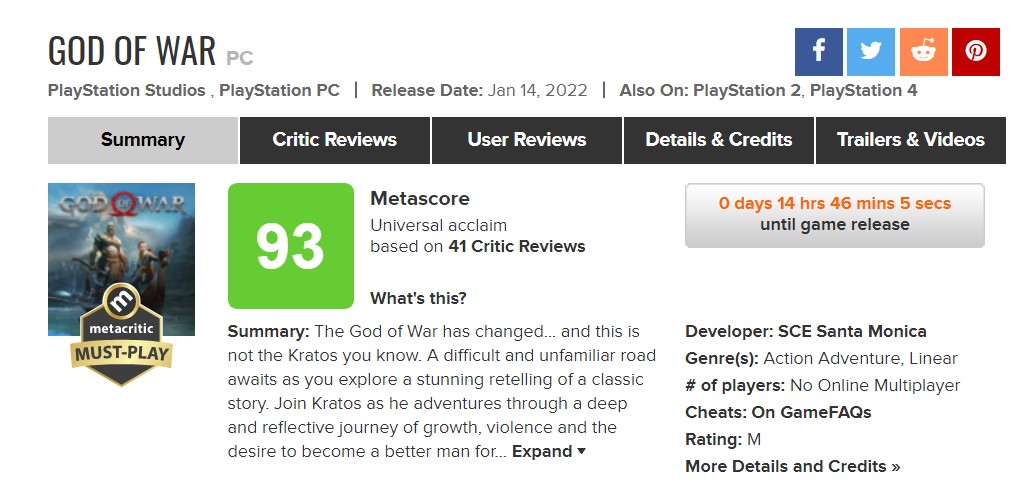 《戰神4》PC版M站均分93分 GS 9分：目前暫無差評