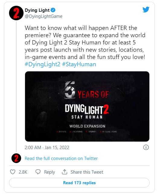 《垂死之光2》將在發行後至少5年內獲得內容更新