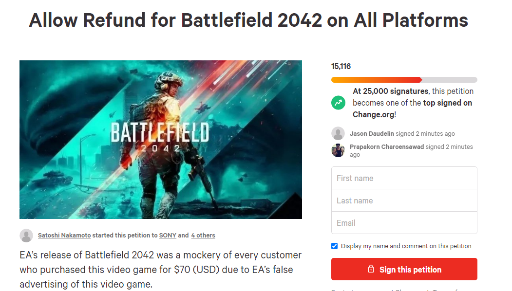 玩家發起《戰地風雲2042》全平台退款請願 超5萬將請律師起訴EA