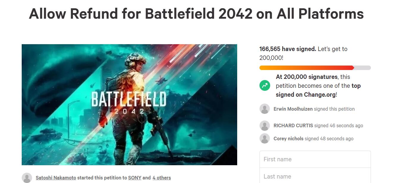 《戰地風雲2042》退款請願簽名人數已經突破十六萬