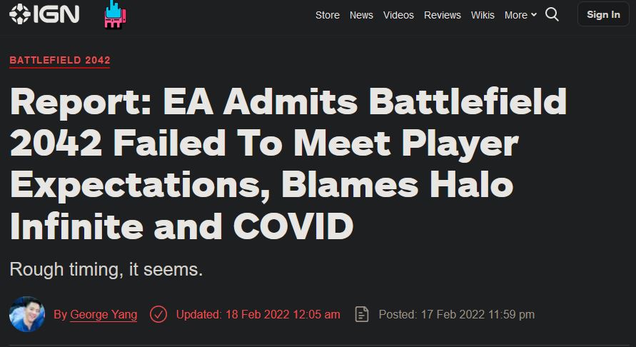 EA否認其曾稱《最後一戰：無限》發布導致《戰地風雲2042》失敗