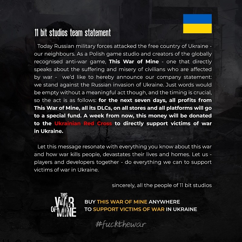 《這是我的戰爭》開發商決定賣遊戲救助烏克蘭難民